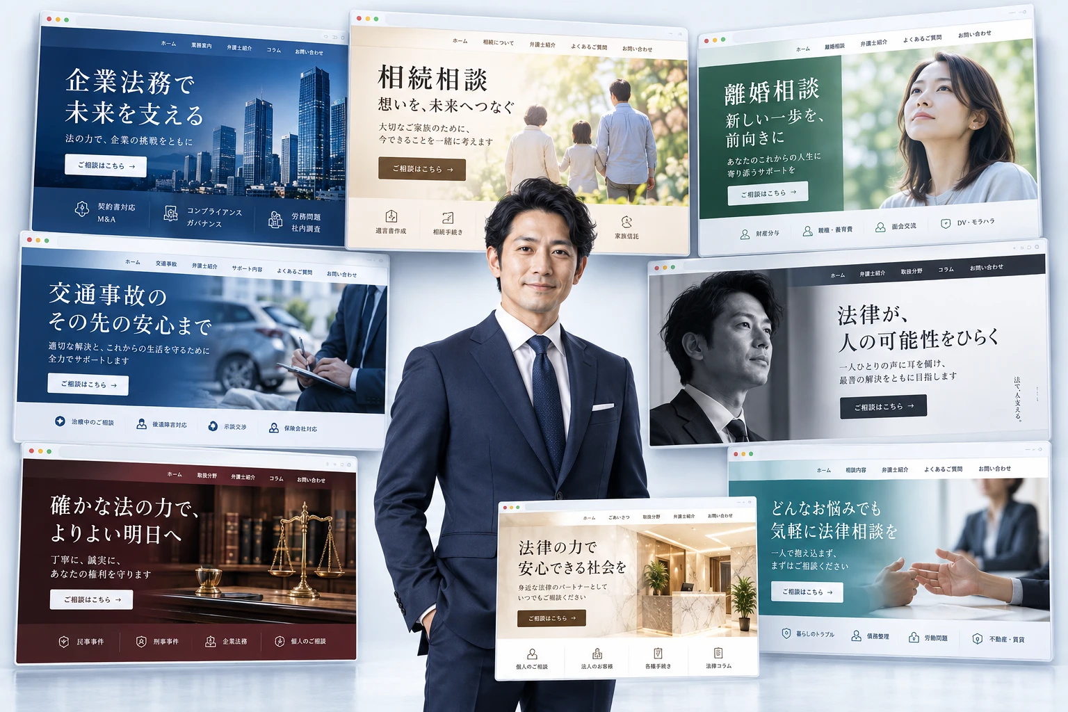 スーツ姿の人物と、相続・企業法務・離婚など複数の法律事務所LPデザイン