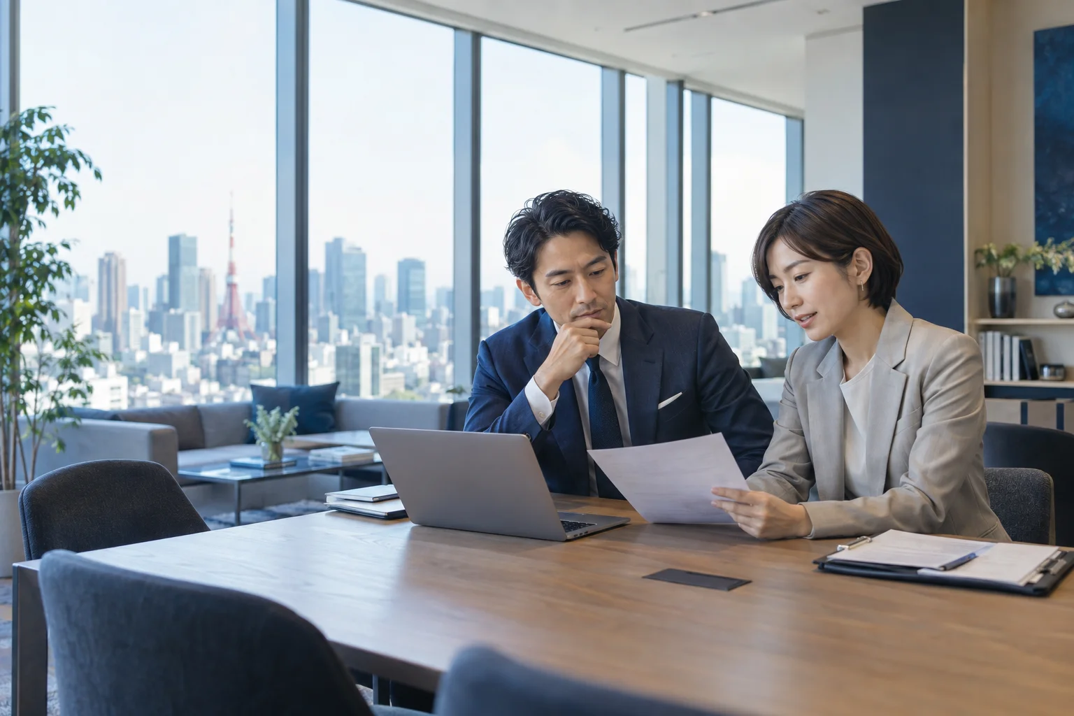 資料を確認する打ち合わせのイメージ